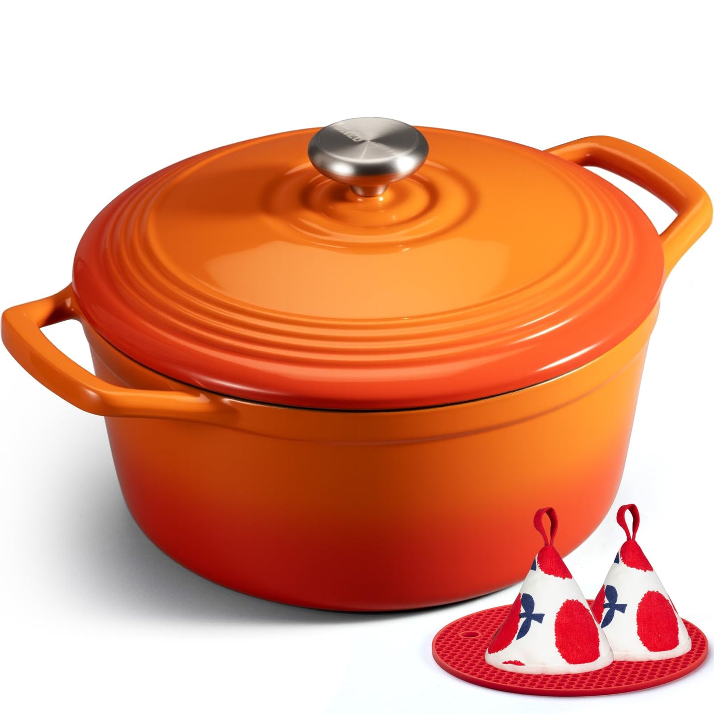 Overmont Enameled Cast Iron Dutch Oven - 5.5QT Pot with Lid Cookbook & Cotton Potholders - Heavy-Duty Cookware for Braising, Stews, Roasting, Sourdough Baking Orange