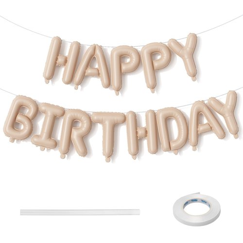 Happy Birthday Balloon Banner Beige, 16 Inch Neutral Tan Self Inflating Happy Birthday Foil Balloon, Nude Born Day Bunting Banner Letter Balloons for Men Women Bday Party Decorations Supplies
