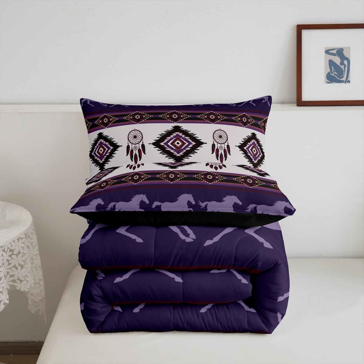 Castle Fairy Boho Aztec Kids Comforter Set Twin Size,Southwest Native Tribal Exotic Reversible Bedding Sets for Teens Bedroom Decor,American Ethnic Purple Horse Quilted Duvet,1 Pillowcase