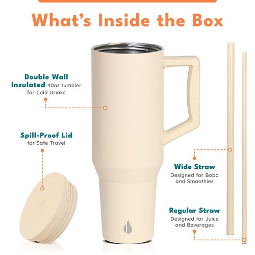 Elemental 40 oz Tumbler with Handle and Straw - Spill Proof Insulated Stainless Steel Commuter for Cold Beverages - Travel Coffee Mug with 2 Straws & Spill Proof Lid - 40oz - Beige