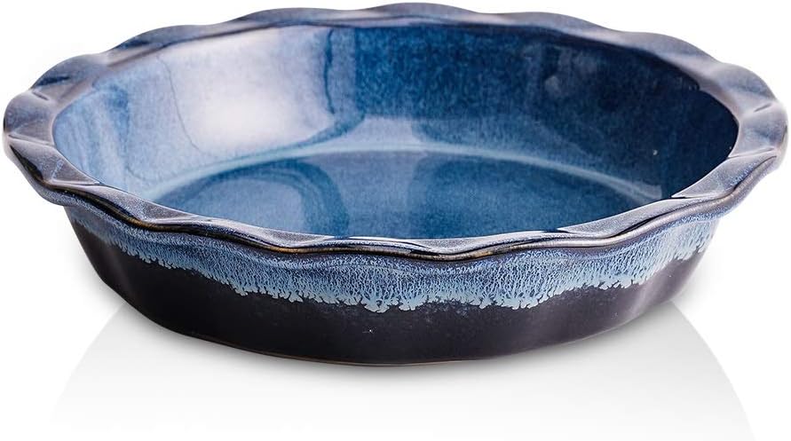 KOOV Ceramic Pie Plate - 9 Inch Round Baking Dish for Desserts | Reactive Glaze in Nebula Blue