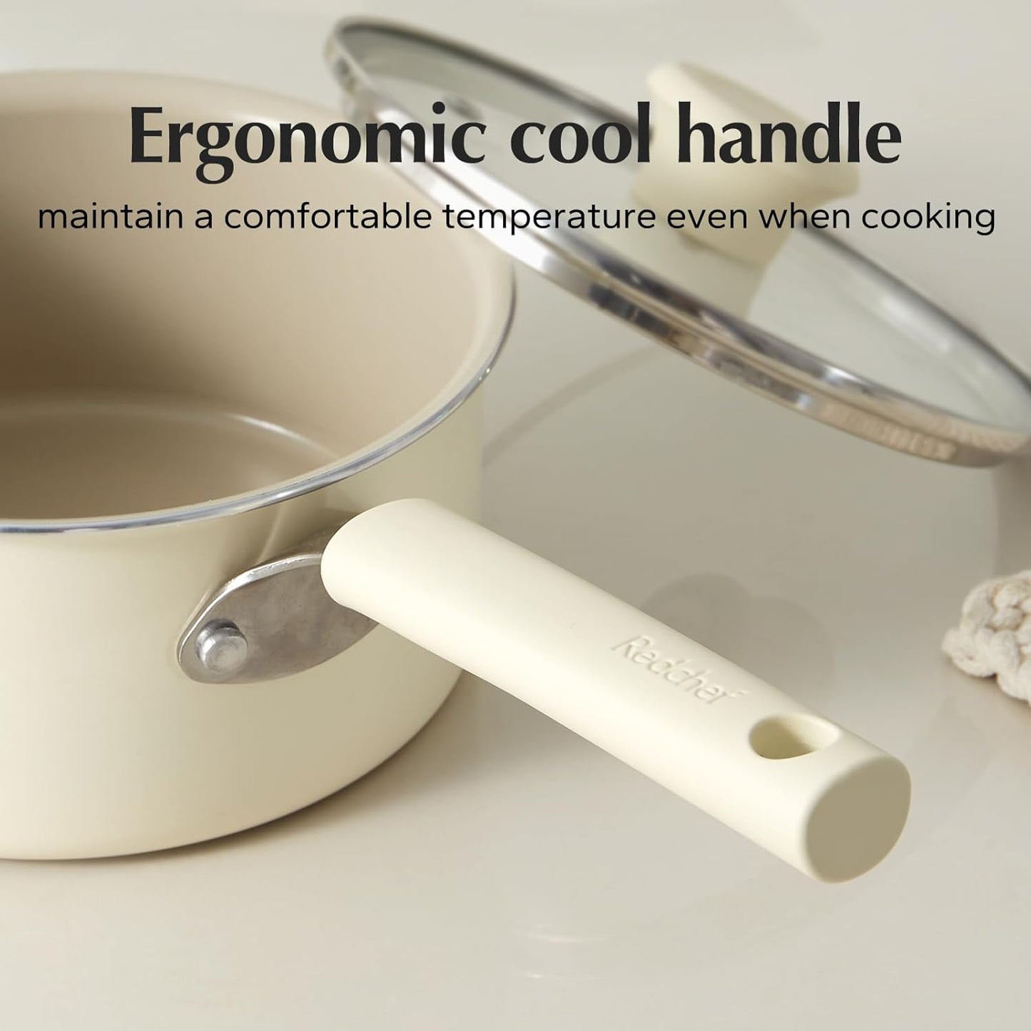 Redchef Ceramic Nonstick Saucepan - 2.5QT Non-Toxic Cooking Pot with Lid | PFAS-Free, Cool Handle, White