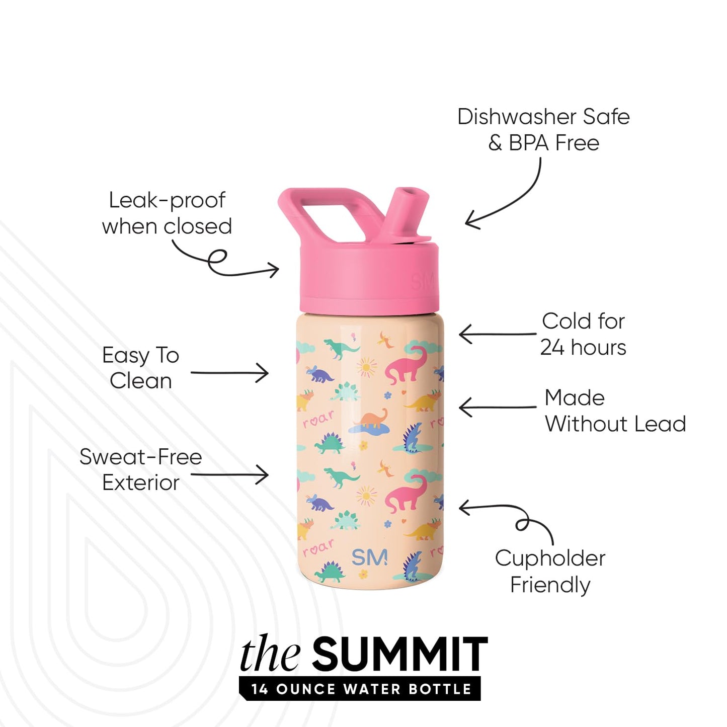 Simple Modern Kids Summit Water Bottle with Straw Lid | 14oz Stainless Steel Cup Insulated Tumbler for Toddlers, School | Dinosaura