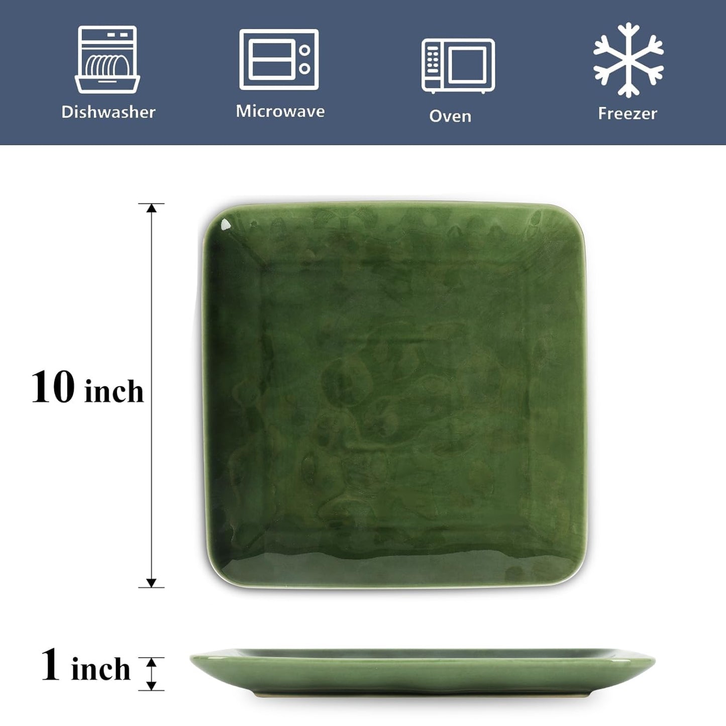 vicrays Ceramic Square Plates Set of 6 - Large Porcelain 10 inch Dinner Plates for Steak Pasta Pizza - Microwave Oven and Dishwasher Safe - Green