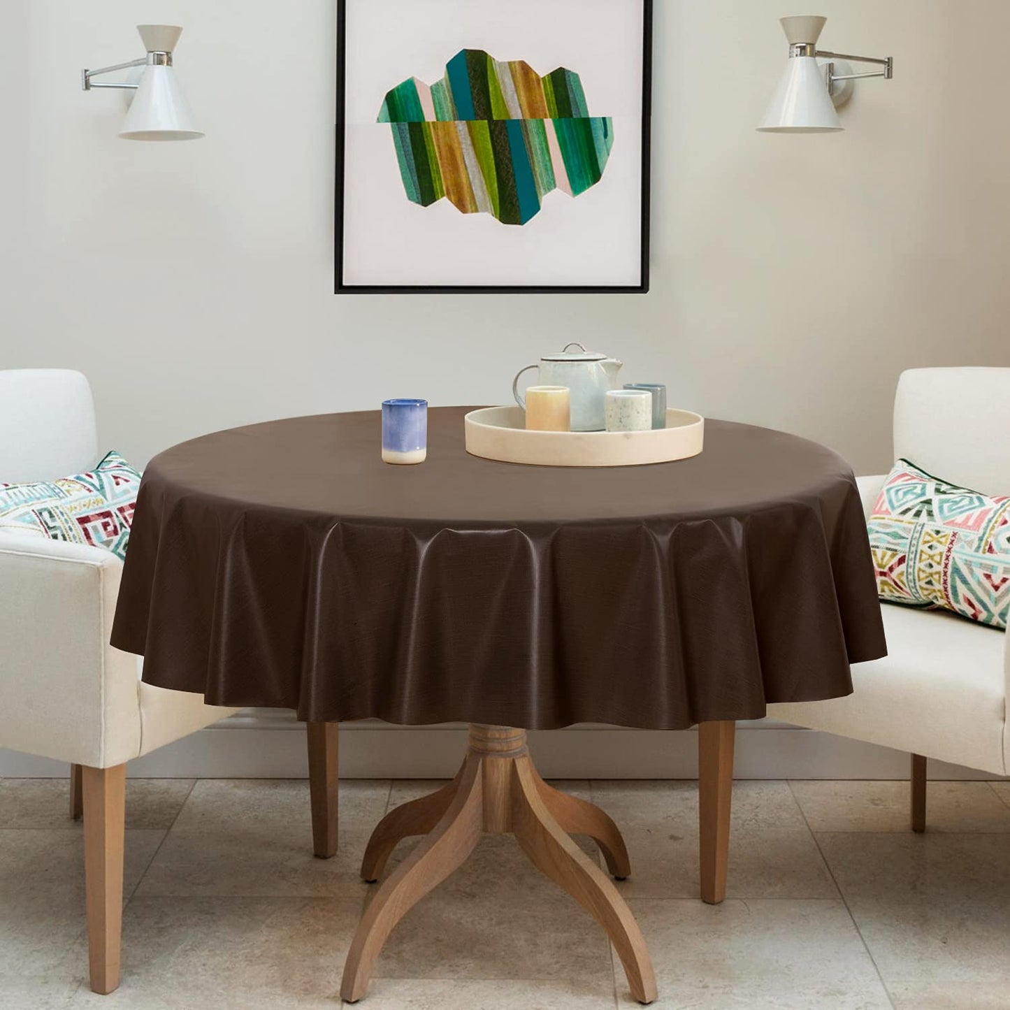 sancua 100% Waterproof Round PVC Tablecloth - 60 Inch - Oil Proof Spill Proof Vinyl Table Cloth, Wipe Clean Table Cover for Dining Tables, Buffet Parties and Camping, Coffee