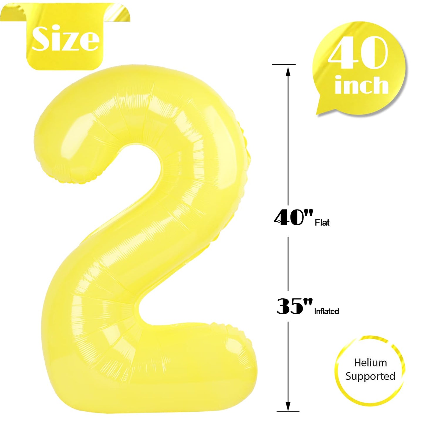 Yellow 2 Balloon, Number Balloons 40 Inch, 2nd Balloon Number Birthday Decorations, Second Two Birthday Party Supplies, Number 2 Balloon