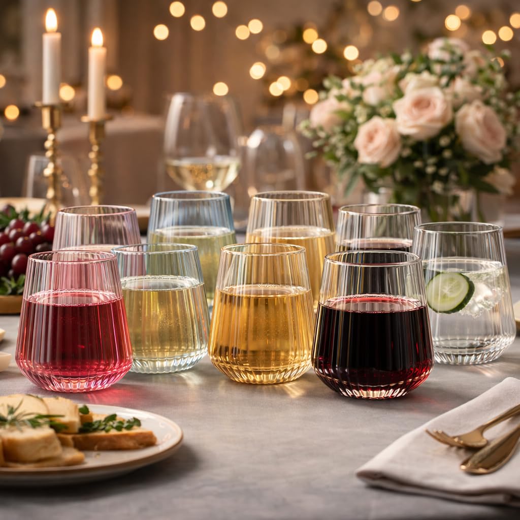 Lillian Clear Ribbed Stemless Plastic Wine Glasses, 12 oz – Elegant Shatterproof Disposable Wine Cups, Premium Hard Plastic Tumblers for Weddings, Parties & Special Events, 72 Pack