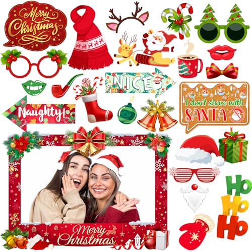 Christmas Photo Props Kit 25Pcs - Selfie Frame, Santa Beard & Gingerbread Party Props