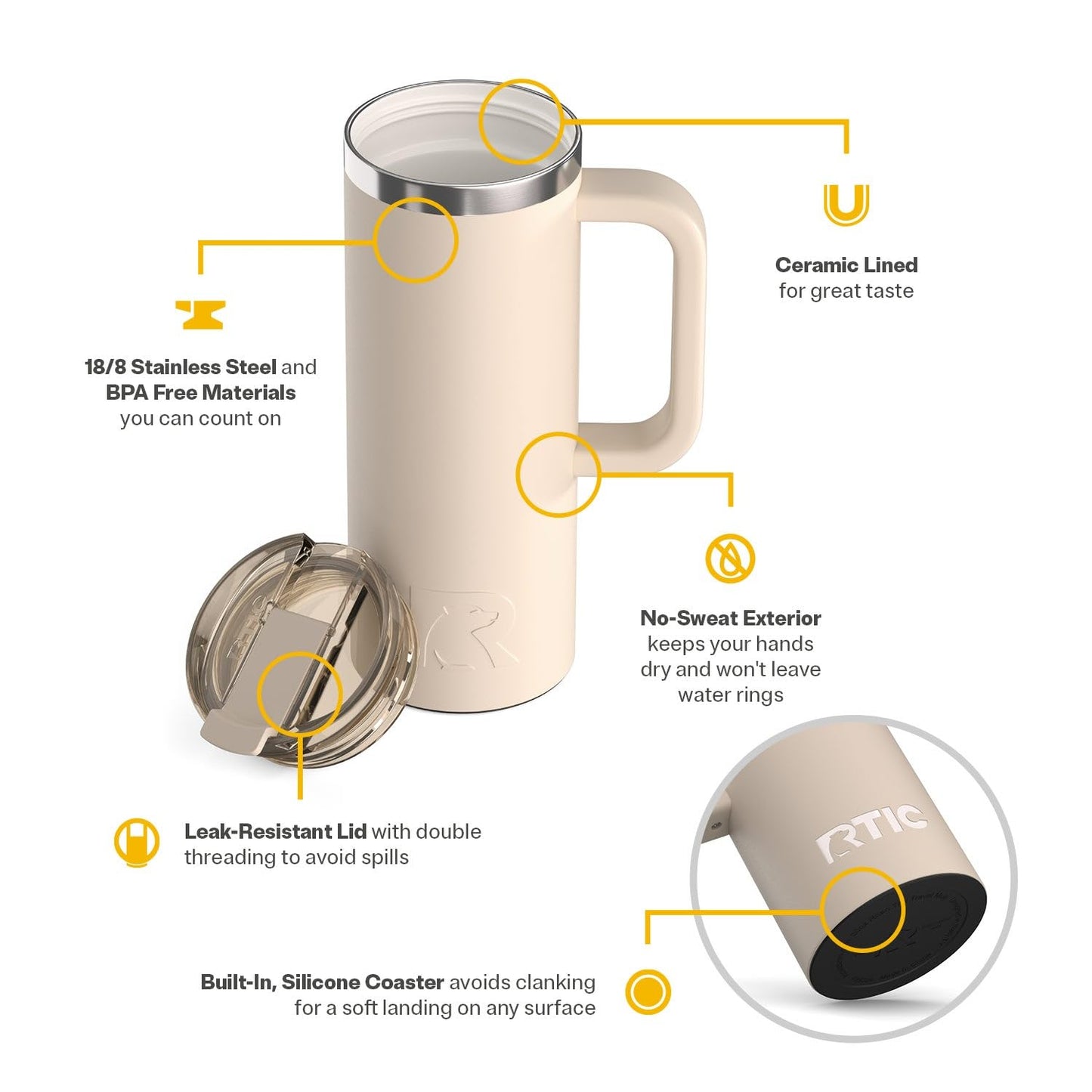 RTIC 20oz Road Trip Travel Mug with Lid and Handle, Ceramic Lined, Insulated, Stainless Steel, Metal, Double Wall Vacuum-Insulation, Portable Coffee, Tea Cup for Hot and Cold Drink, Beach