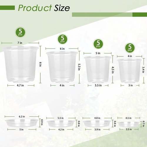 FUIJOL Clear Nursery Pots for Plants - 20 Pack with Drainage Holes | 4, 5, 6 & 7 Inch Sizes