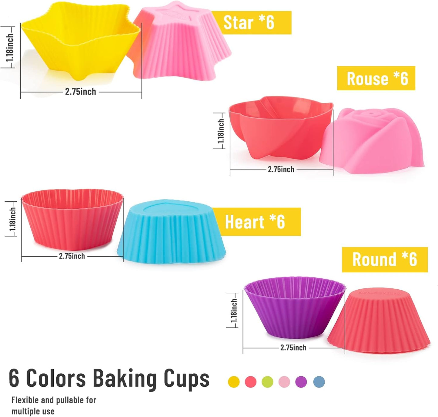 Skiennix Silicone Cupcake Liners - 24Pcs Reusable Nonstick Baking Molds in Fun Shapes for Kids