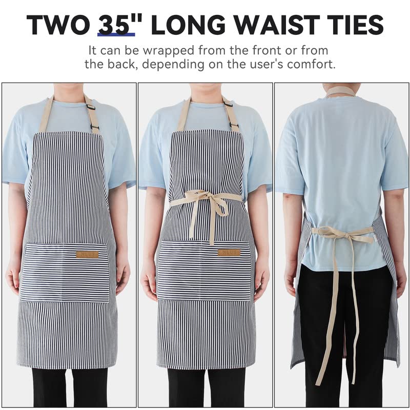 NLUS 2 Pack Kitchen Cooking Aprons, Adjustable Bib Soft Chef Apron with 2 Pockets for Men Women (Blue Pinstripes/Pink Pinstripes)