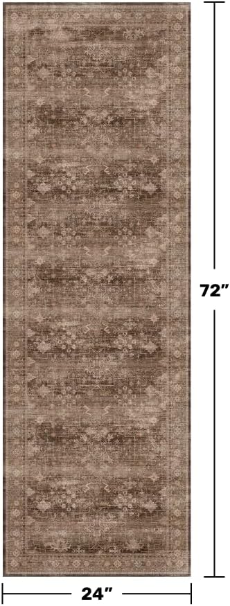 Skiennix Brown Boho Washable Runner Rug - Non-Slip, Stain Resistant, Soft Faux Wool | 2x6 ft for Hallway, Kitchen, Bedroom