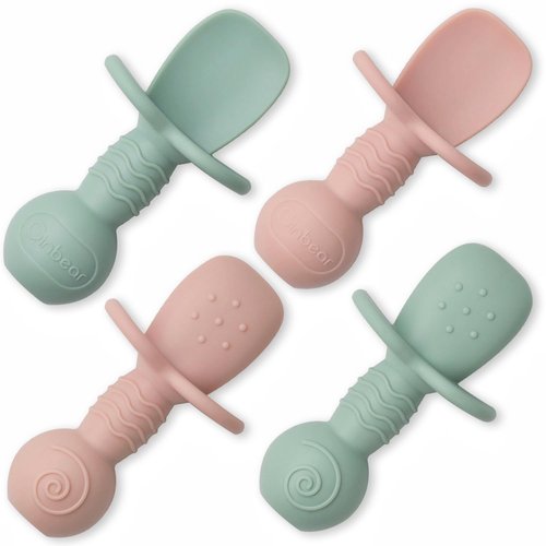 Ginbear Platinum Silicone Baby Spoons - Non-Toxic Self-Feeding Utensils for Infants | 4-Pack in Hazy Green & Pink