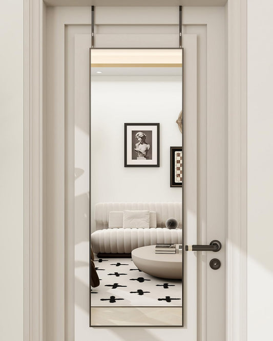 BEAUTYPEAK Full Length Mirror 14'' x 48'' Aluminum Alloy Over The Door Mirror Large Hanging Mirrors Wall Mounted Body Dressing for Bedroom, Living Room, Bathroom, Dorm Home Decor, Black