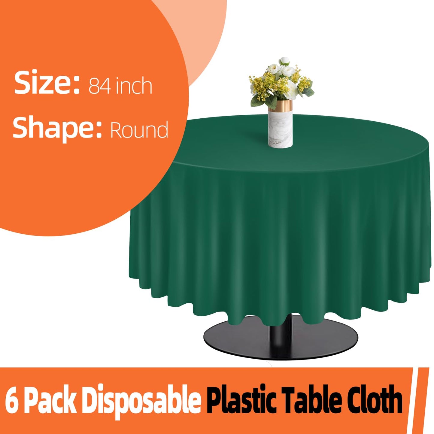 Dark Green 6 Pack Plastic Table Cloth 84", Disposable Round Tablecloth Table Cover, Plastic Tablecloths for Parties