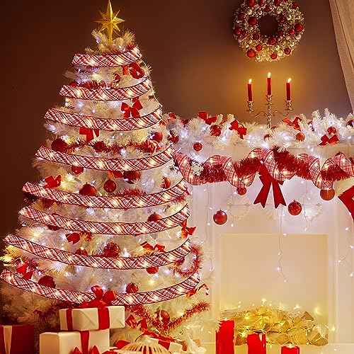 Christmas Ribbon Lights Christmas Lights 16.4 ft Glow Christmas Tree Ribbon Battery Operated Indoor String Lights for Outdoor Xmas Holiday Party Wedding Garland Lighted Decoration (Red Stripe)