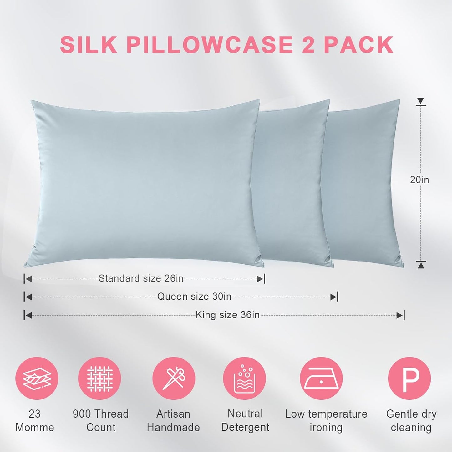 Skiennix 100% Silk Pillowcase Set - 23 Momme Grade 6A+ Mulberry Silk for Hair & Skin | Ash Blue, Standard 20×26