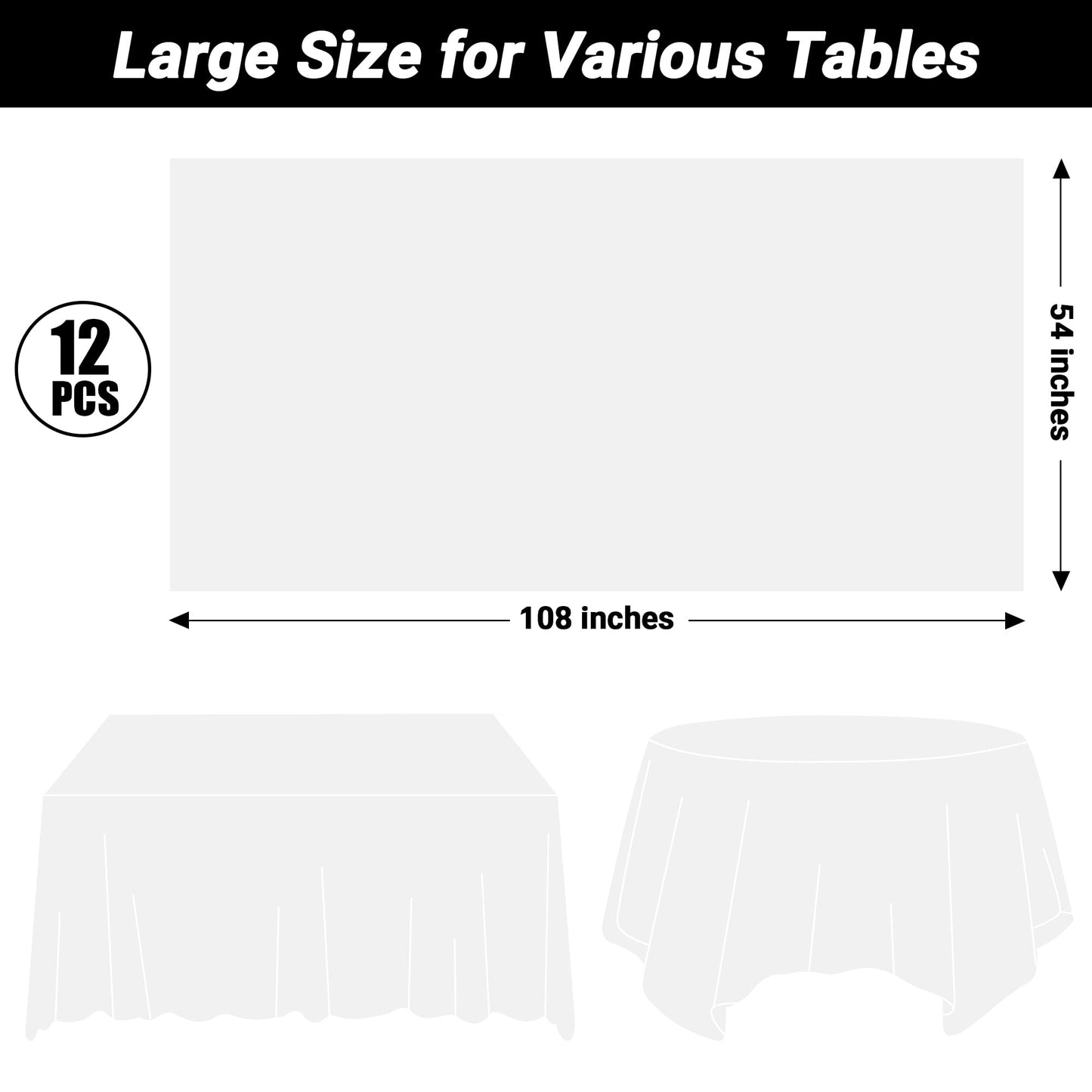 QZYL 12 Packs Disposable White Plastic Table Cloths, 54 X 108 Inches Dining Table Cloth, Plastic Tablecloths for Rectangle Tables, Quick Setup and Cleanup for Parties Picnic, Wedding and Outdoor