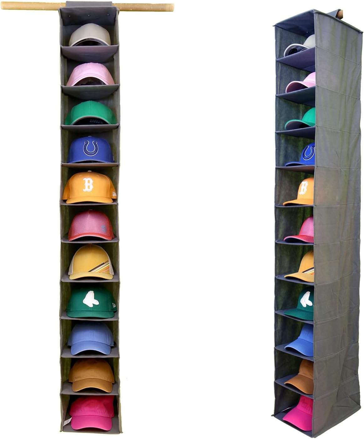 Perfect Curve 11-Pocket Baseball Hat Organizer - Gray Storage Rack for Up to 100 Caps | Versatile Use for Shoes & Towels