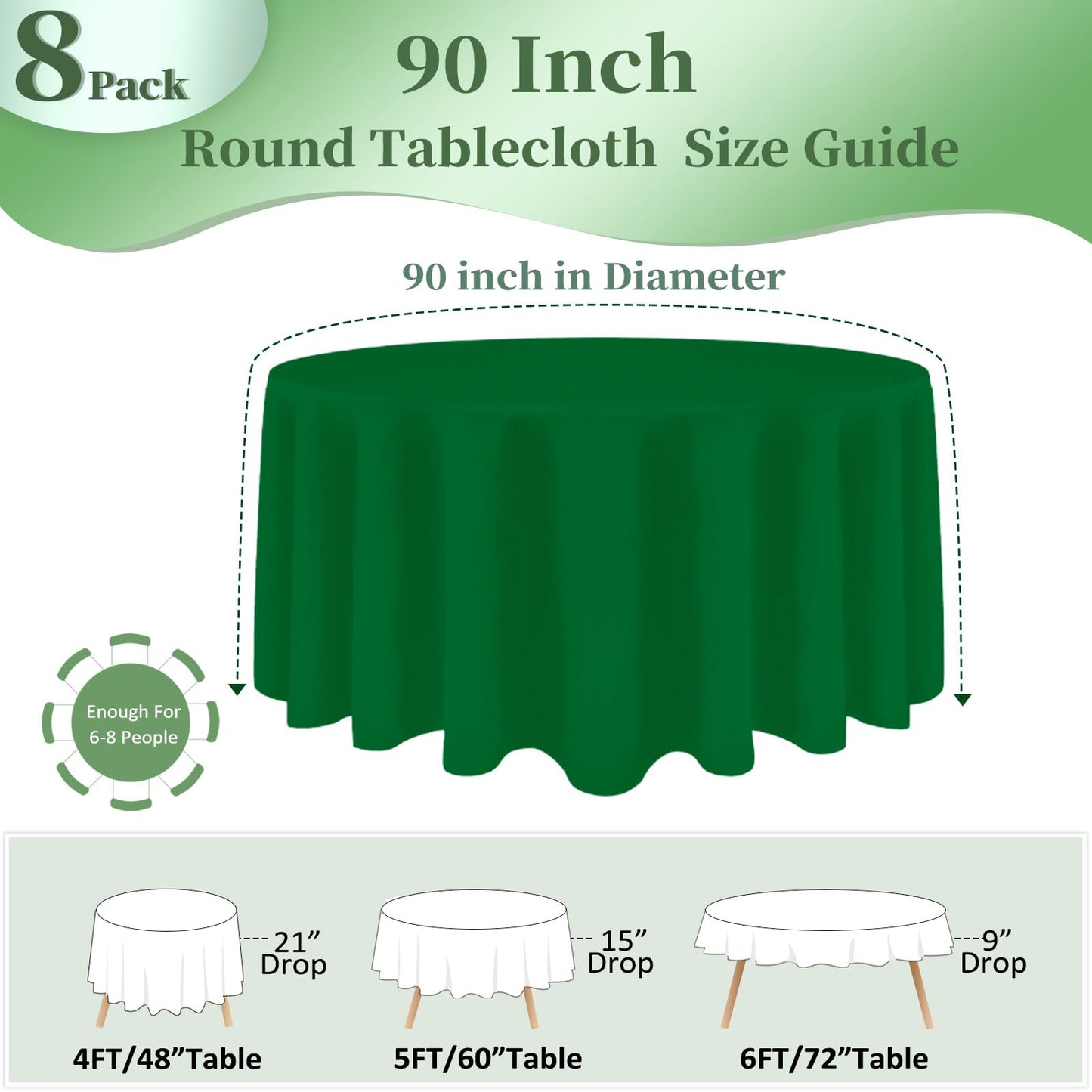pepmily 8 Pack Green Round Tablecloth 90 Inch Round Table Cloth, Wrinkle Resistant and Washable Tablecloth Polyester Fabric Table Cloth Round Cover for Dining Wedding Banquet Party
