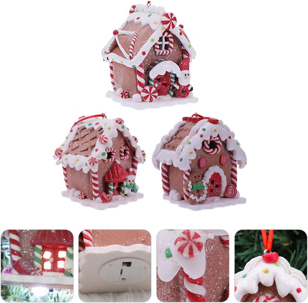 Toyvian Gingerbread House Ornaments - LED Christmas Village Decor with Santa & Snowman Figures | 3 Pcs