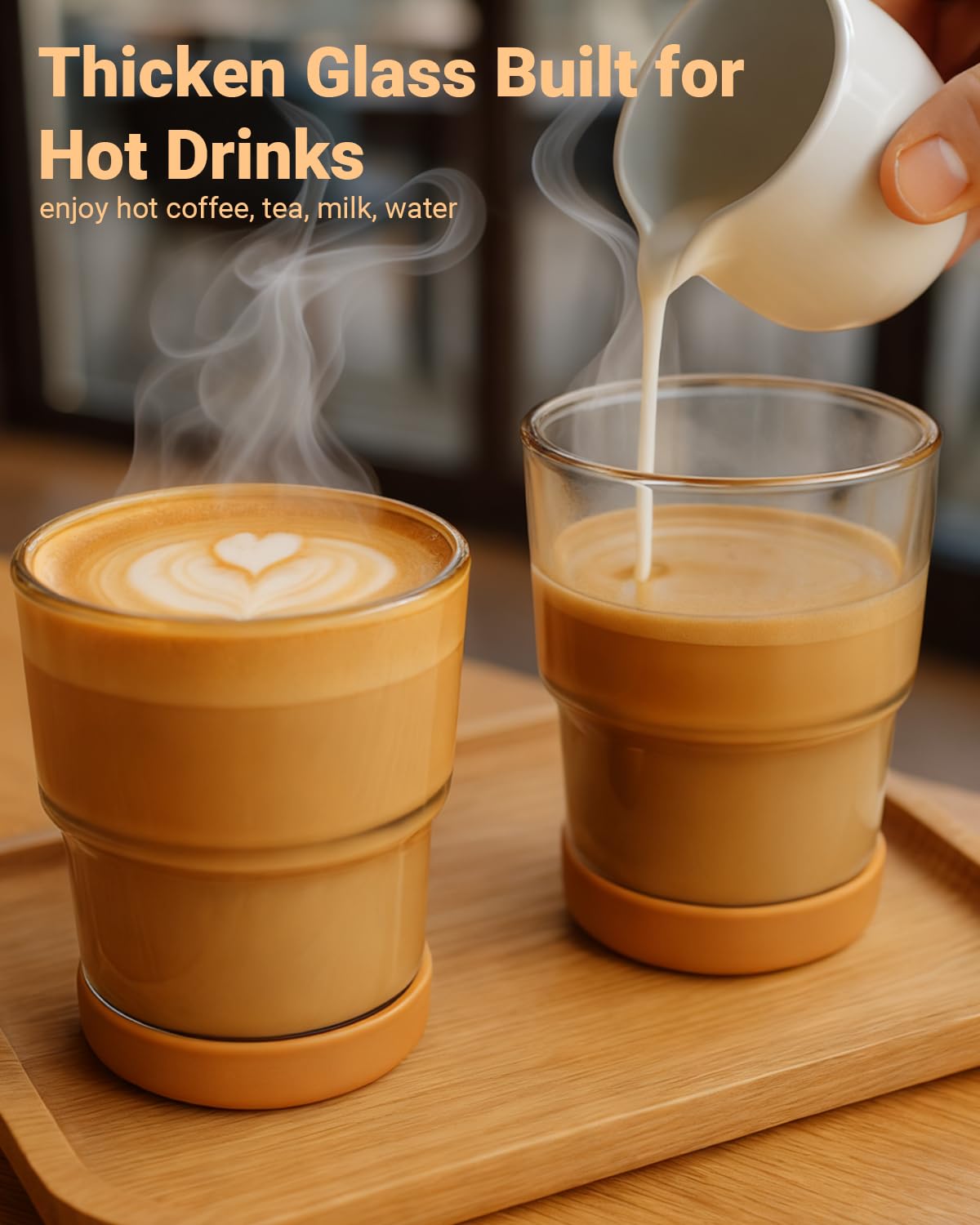 Zukro 13 oz/400ml Glass Cups with Bamboo Lid and Straw, Thick Wall Reusable Glass Tumbler for Iced Coffee, Tea, Matcha, Water Glasses for Home, Office, Non-Slip & BPA Free, Amber & Shrimmer