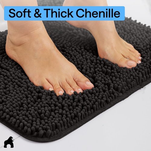 GORILLA GRIP Plush Chenille Bath Rug Mat - Soft, Absorbent, Machine Washable for Oval Toilet Base | Black