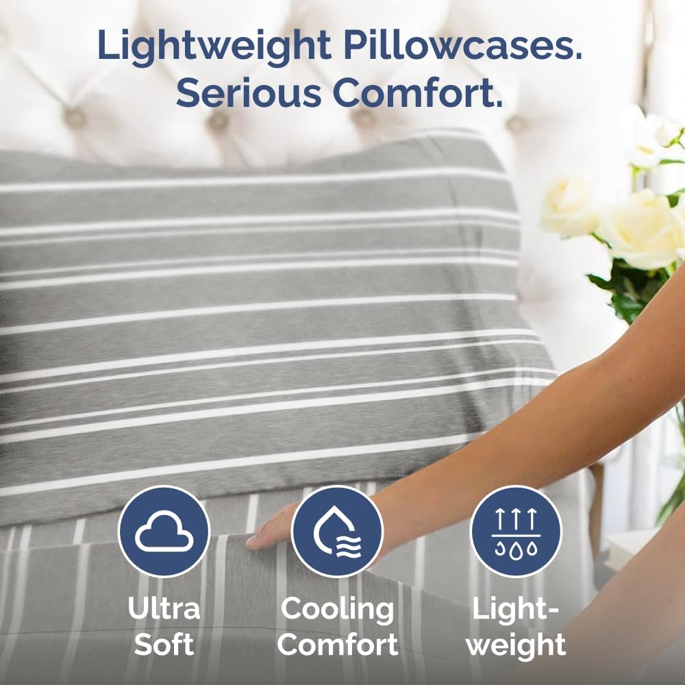 Skiennix Queen Pillow Cases Set of 2 | Ultra Soft Hotel Quality, Wrinkle-Free, Grey Stripes