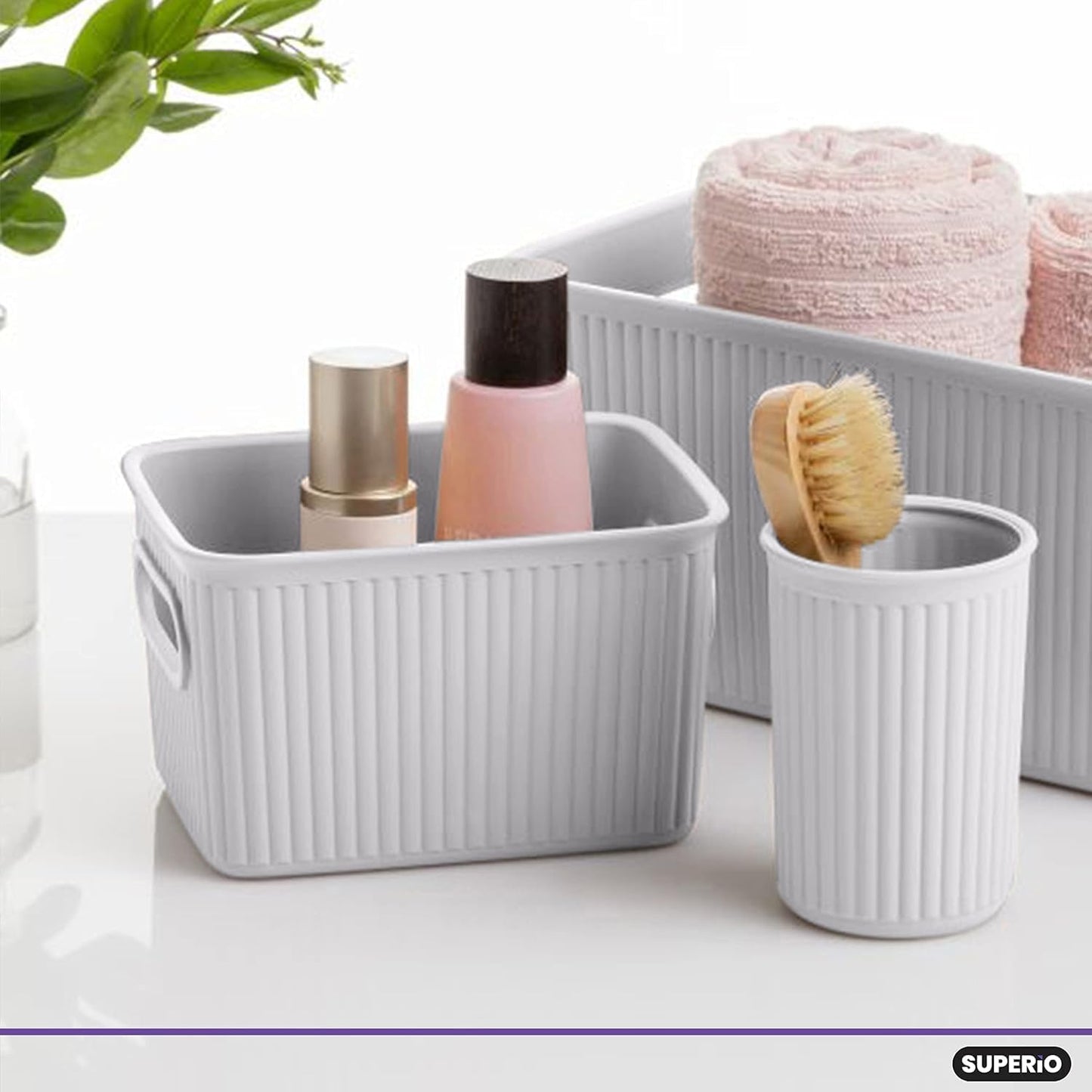 Ribbed Collection Decorative Plastic Storage Bins - Small White Smoke Organizer (4 Pack) | 1.5 Liter