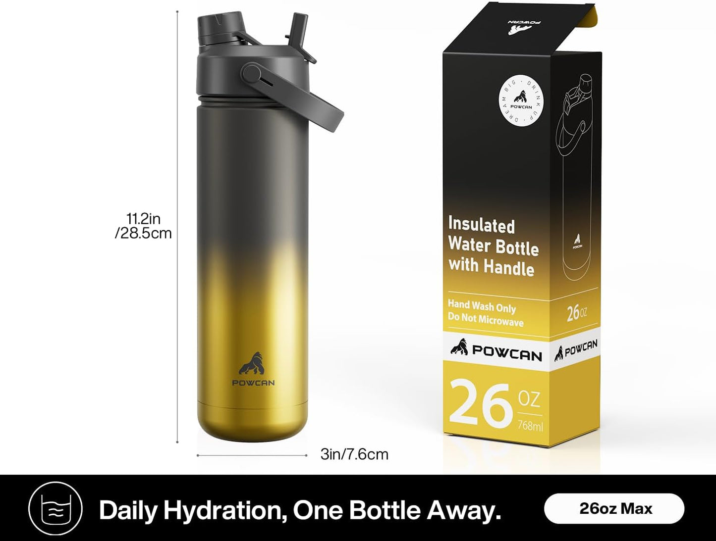 POWCAN Insulated Water Bottle - 26 oz Stainless Steel with 2-in-1 Straw & Spout Lid | Keeps Drinks Cold for 24H