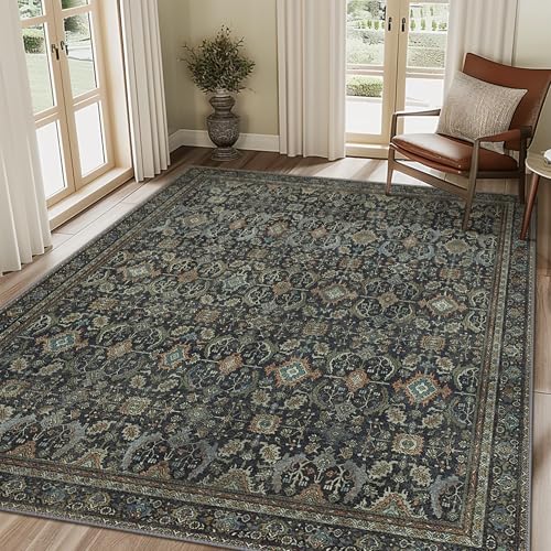 Black 8x10 Washable Area Rug for Living Room, Vintage Boho Non-Slip
