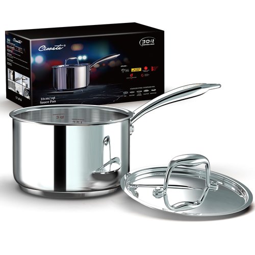 Ciwete 3 Qt Saucepan with Lid - Upgraded Package - 3 Quart 18/10 Stainless Steel Sauce Pan with Mirror Polishing and 2 Sacles, Induction Cookware, Small Pot for Cooking, Dishwasher Safe Oven Safe
