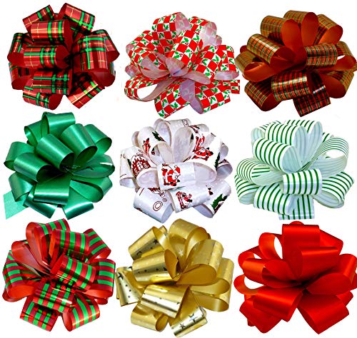 Christmas Gift Pull Bows Set of 9 - 5-inch Swirl & Stripe Holiday Decor, Variation: Christmas Prints 1