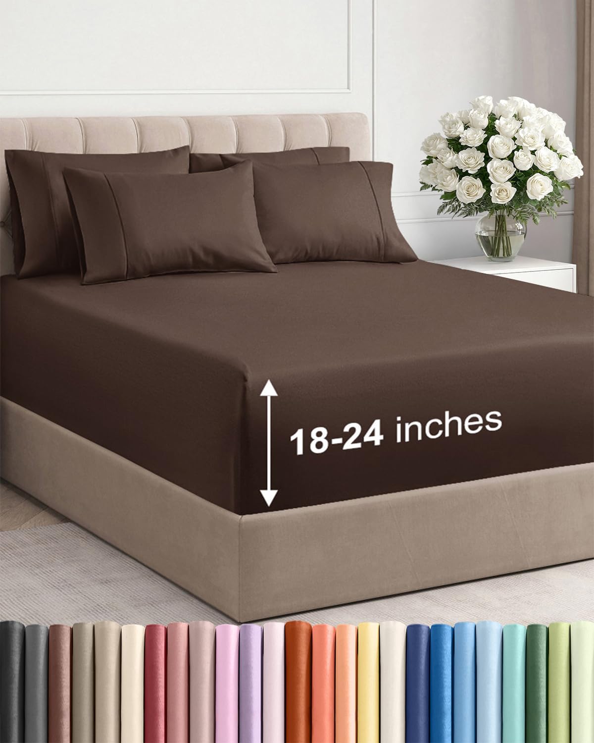 Skiennix Extra Deep Full Sheet Set - 6 Piece Cooling Bedding - Soft, Wrinkle-Free, Brown
