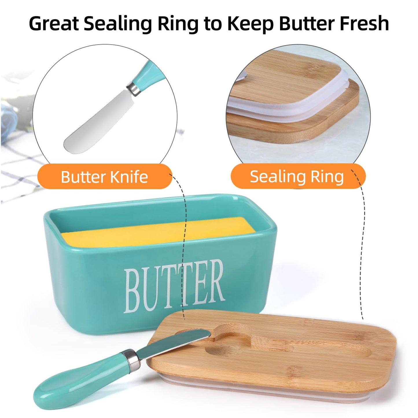 Lxmons Ceramic Butter Dish with Wooden Lid, Large Butters Container Keeper Storage with Stainless Steel Knife Spreader, Bamboo Cover and Silicone Sealing Ring for West East Coast, Aqua