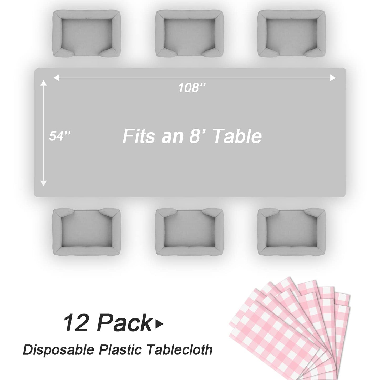 QIKSION Pink Gingham Tablecloth Disposable 12 Pack, 54 x 108 Inch Pink and White Checkered Table Cloth for Baby Shower, Easter, Mothers Day Decorations, Birthday Party, Rectangle, Plastic Table Cover