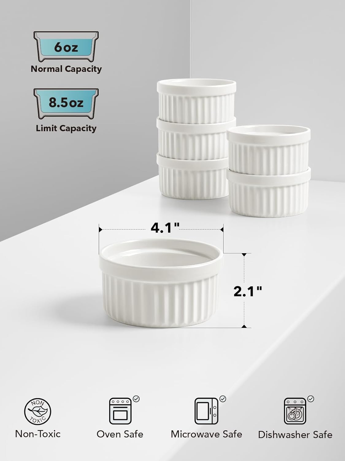 LE TAUCI Ramekins - 6 Oz Ceramic Souffle Dishes for Baking & Desserts | Oven & Microwave Safe, Set of 6, White