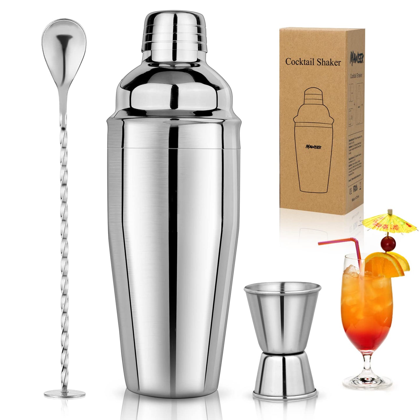 24oz Cocktail Shaker Set Martini Shaker Set Bartender Set with Margarita Mixer Drink Shaker, Measuring Jigger and Mixing Spoon - Professional 18/8 Stainless Steel Bar Tools for Mixed Drinks