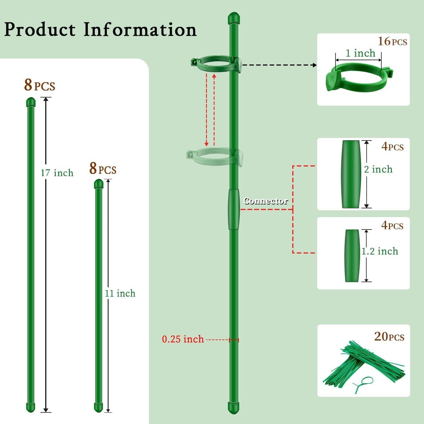 SupKing Plant Stakes - Adjustable 17" & 11" Support for Indoor/Outdoor Plants | 16 Pcs Orchid Sticks with Clips & 20 Ties (Green)