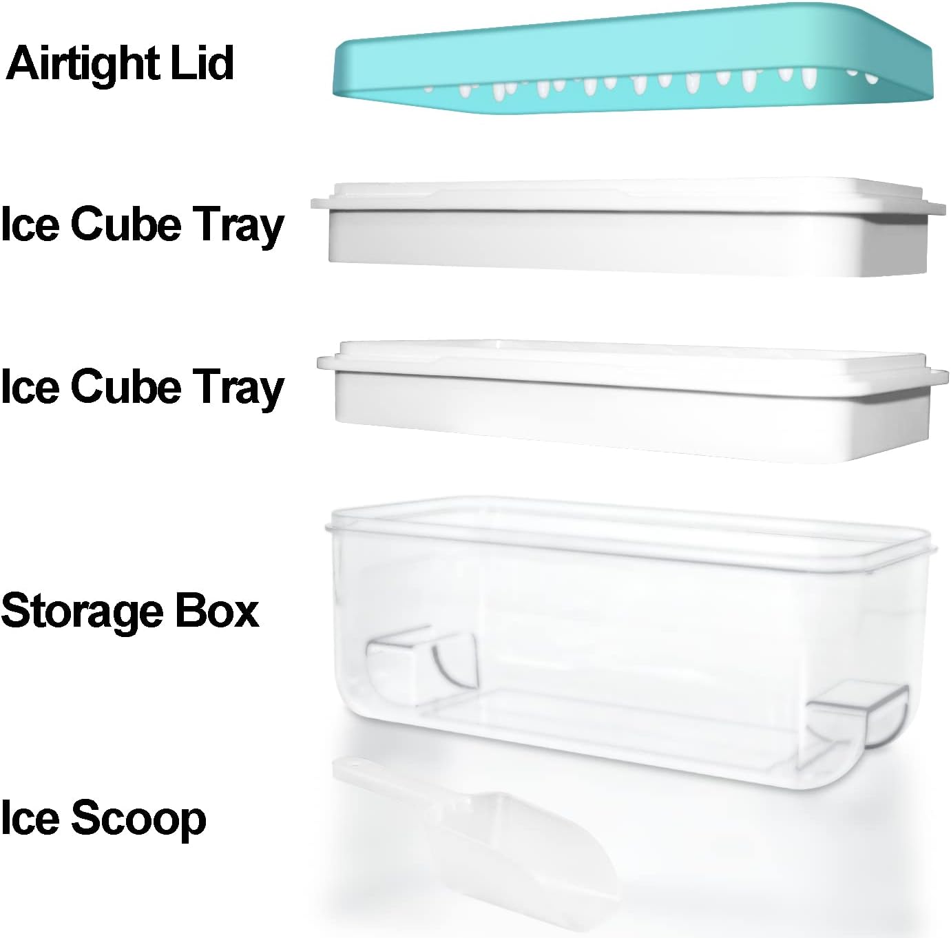 Skiennix Ice Cube Trays - 2-Tier Freezer Set with Bin, Scoop, and Press Plate, Lid Included
