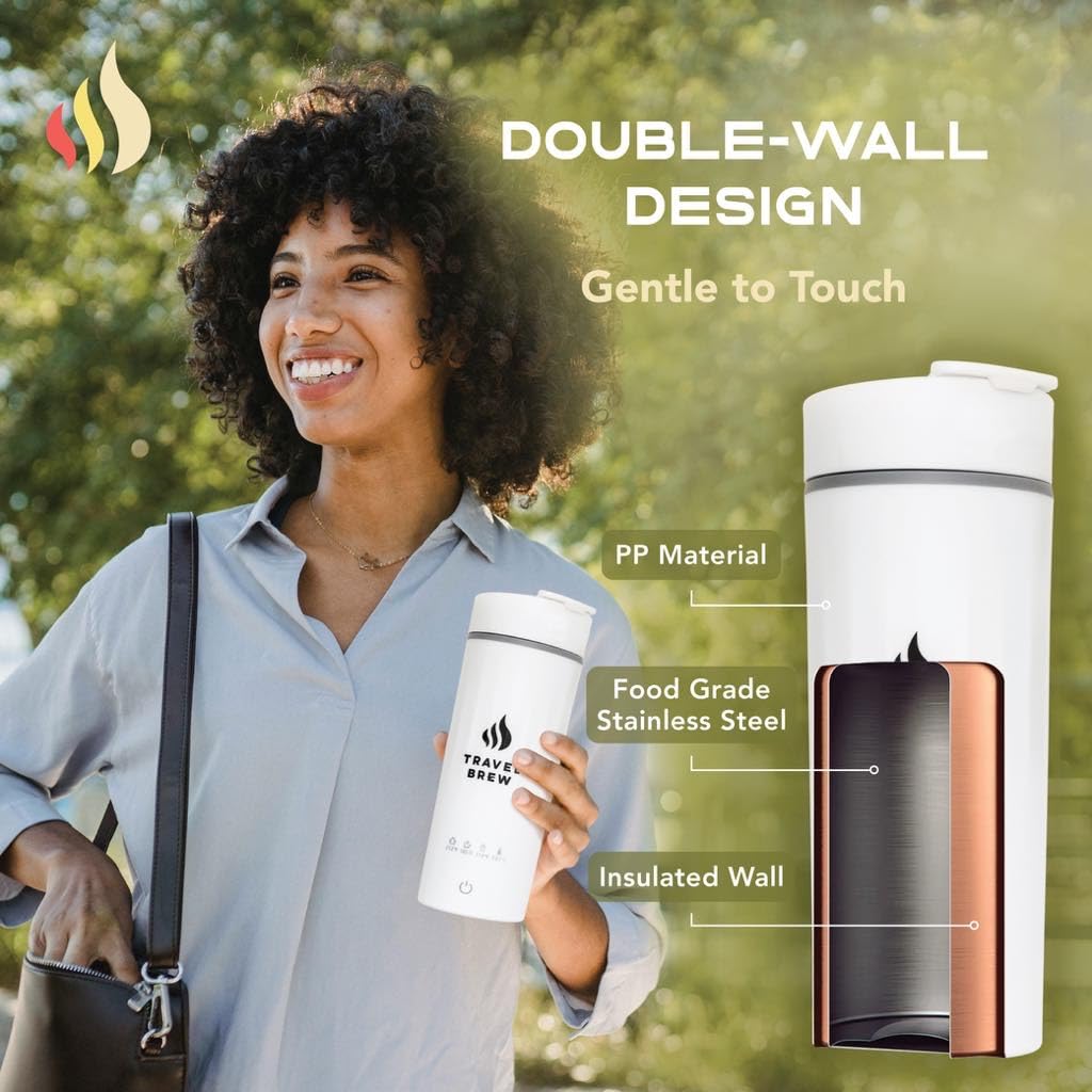 TRAVEL BREW Portable Travel Kettle with Tea Infuser- Mini Electric Kettle with 4 Temperature Settings, with Auto Shut-Off & Boil Dry Protection (White)
