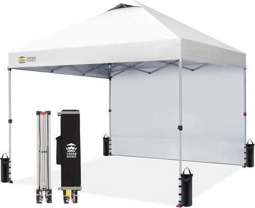 CROWN SHADES 10x10 Pop Up Canopy - Easy Setup Beach Tent with Side Wall & Carry Bag | White Outdoor Sun Shade for Events