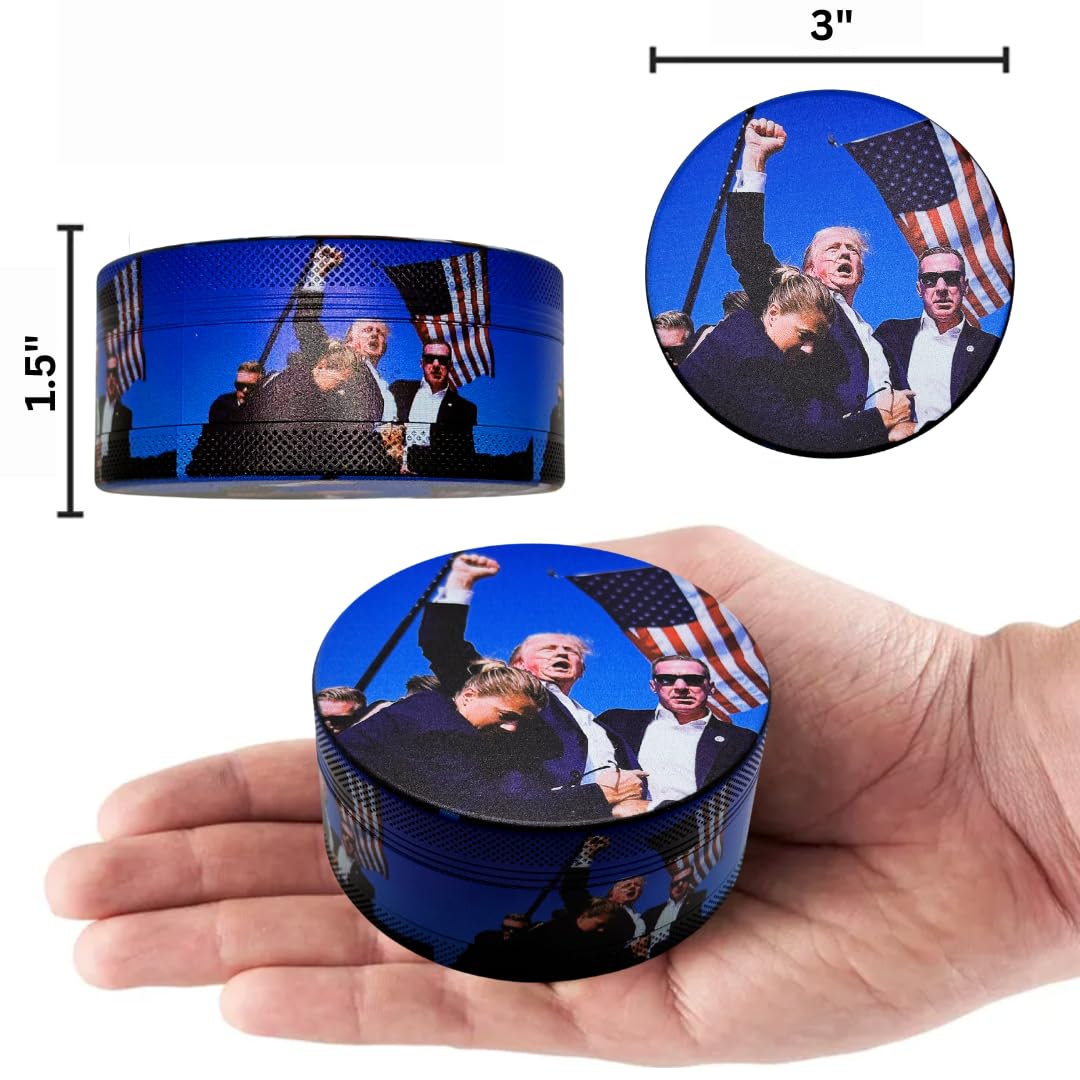 Herb Grinder. 3 inch herb grinder. Easily grind spices for home, kitchen and when traveling. Custom printed Trump grinder has three layers (No Screen Catcher)