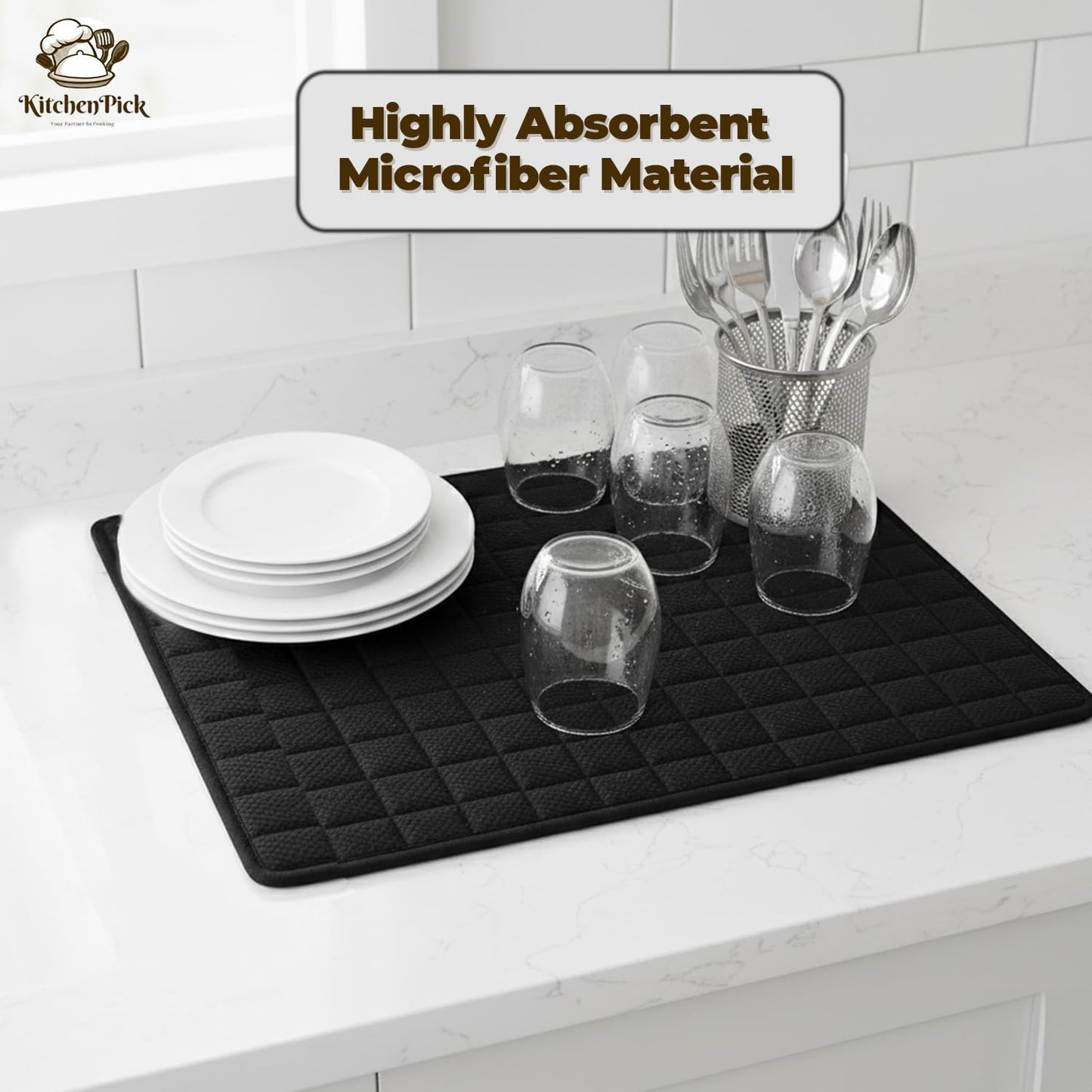 KitchenPick Microfiber Dish Drying Mat 15" x 20", Large Water-Absorbent Dish Drying Mat, Soft Quick-Dry Mat for Sink Dishes, Pots and Pans, Machine Washable Black Dish Drying Matt Kitchen Counter