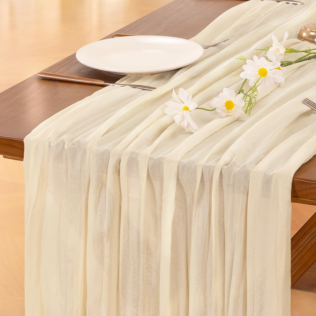 Socomi 6pcs Beige Summer Cheesecloth Table Runner Boho Rustic Gauze 120 inch 10FT Cheese Cloth Sheer Runner for Wedding Party Baby Shower Birthday Home Decor Holiday Decorations