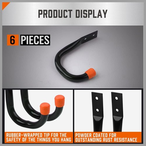 HORUSDY Heavy Duty Metal Wall Hooks - 6-Pack for Garage Storage & Organization | Black J Hooks for Tools & Ladders