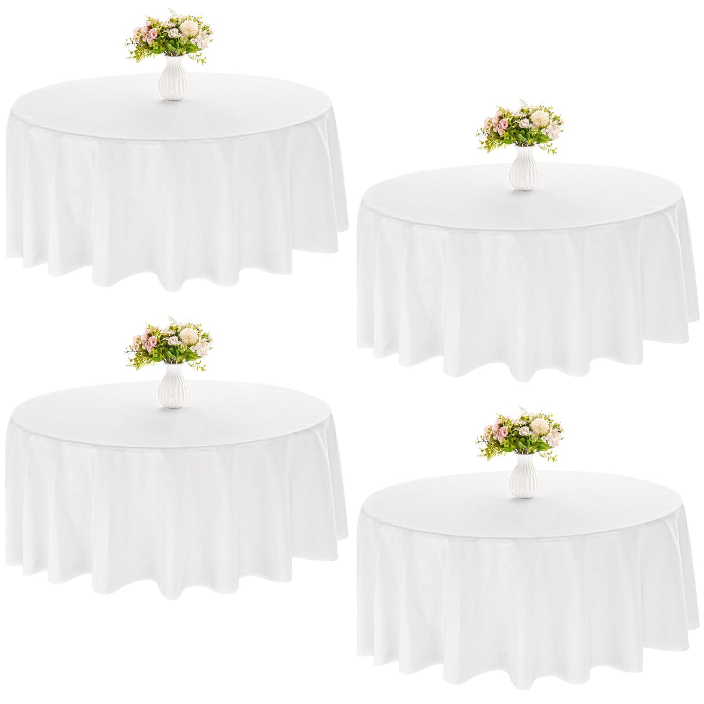 JALANCY 4 Pack Round Tablecloth 90 Inch White Polyester Washable Decorative Fabric Table Covers for Wedding Dining Table Buffet Parties Banquet Decor