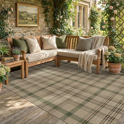 Outdoor Jute Plaid Rug 5x7 - Beige & Sage Green Tartan, Washable, Low-Pile