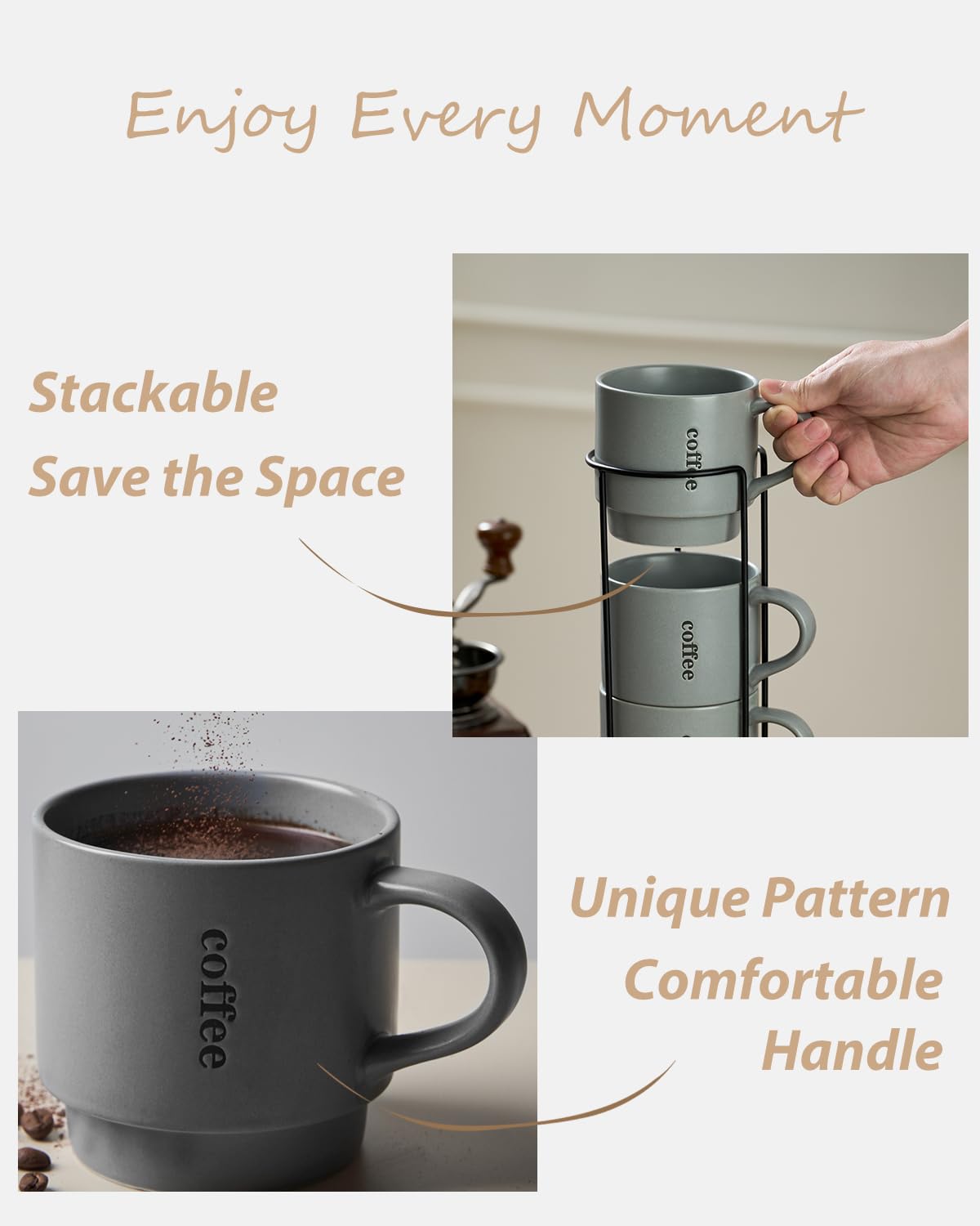 LAUCHUH Stackable Coffee Mug Set with Rack - 15 Ounce Porcelain Coffee Mugs for Coffee, Tea, Cocoa, Milk, Mug Set of 4 for Thanksgiving, Grey